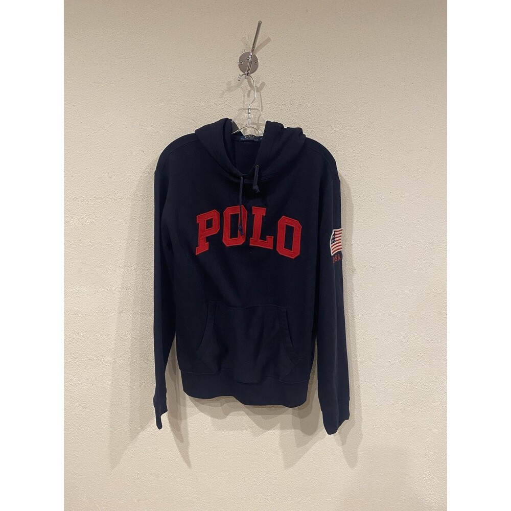 Polo Ralph Lauren Hoodie Mens Medium Blue Fleece POLO USA Flag Logo Pullover